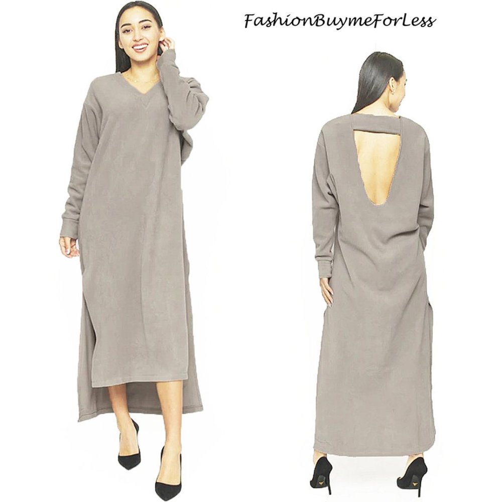 Keyhole Back Gray FLEECE Long Maxi Sweater Dress